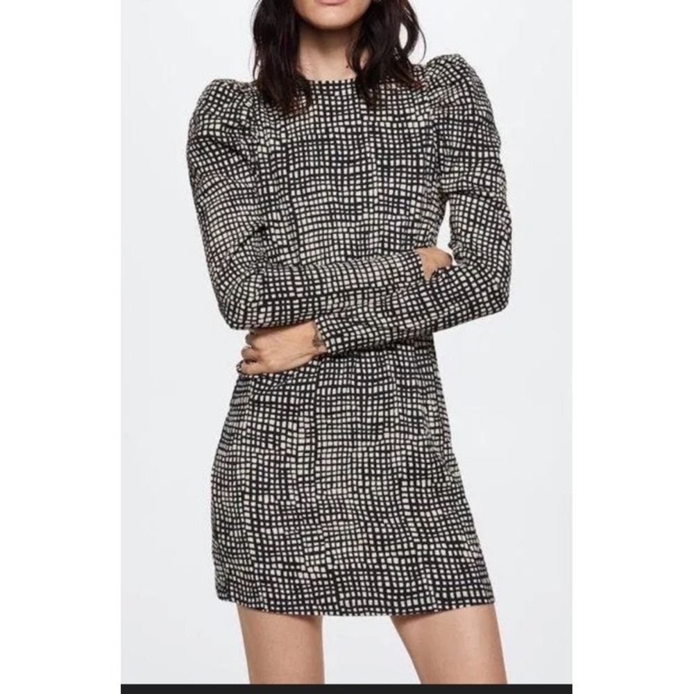 Mango‎ Womens Sienna Long Puff Sleeved Textured Dress Monochrome Black Ecru XS